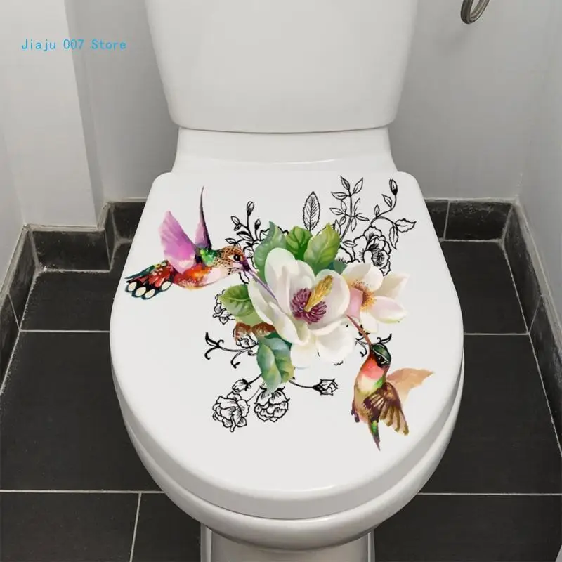 Creative Toilet Sticker Flowers and Birds Toilet Lid Decal Stool Commode Sticker Ornament for Bathroom Wall C9GA