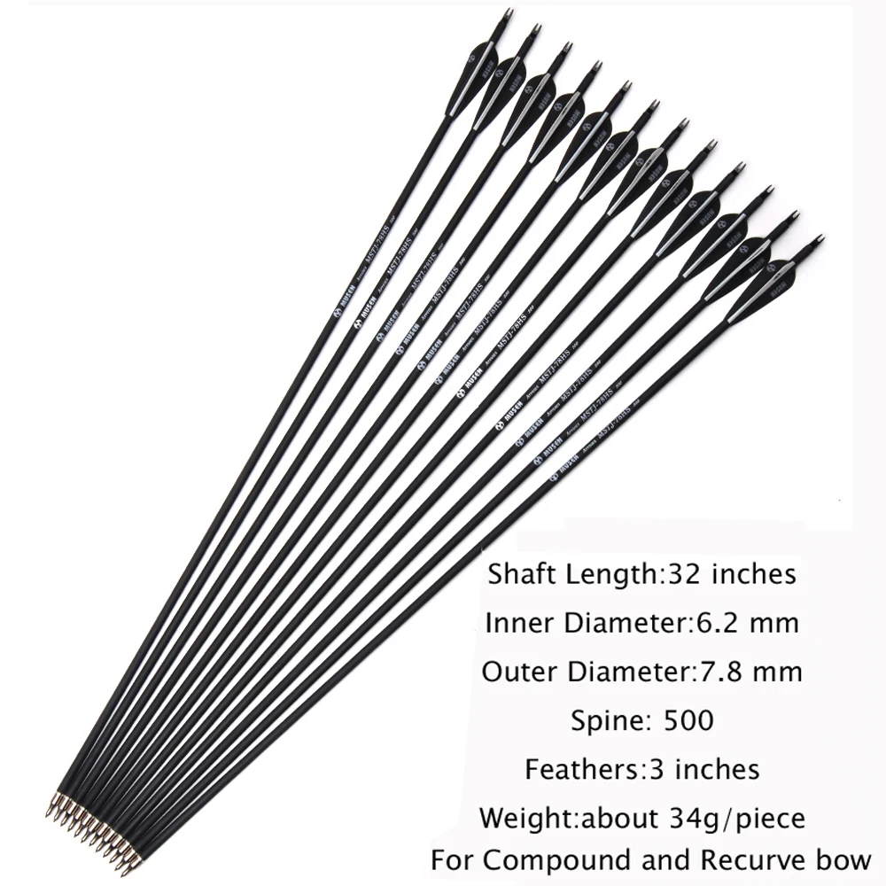 

30/32 Inches Mixed Carbon Arrow Spine 500 Diameter 7.8mm for Recurve/Compound Bow Archery Shooting