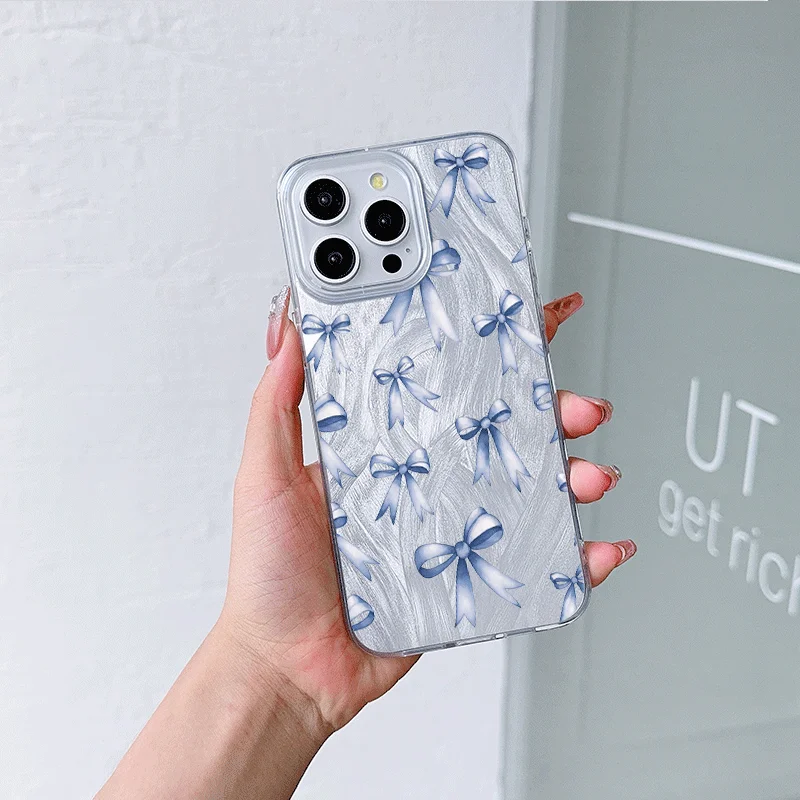 Chic Pink Bowknot Painted Phone Case - Feather Texture Hard Cover Y2K Design
