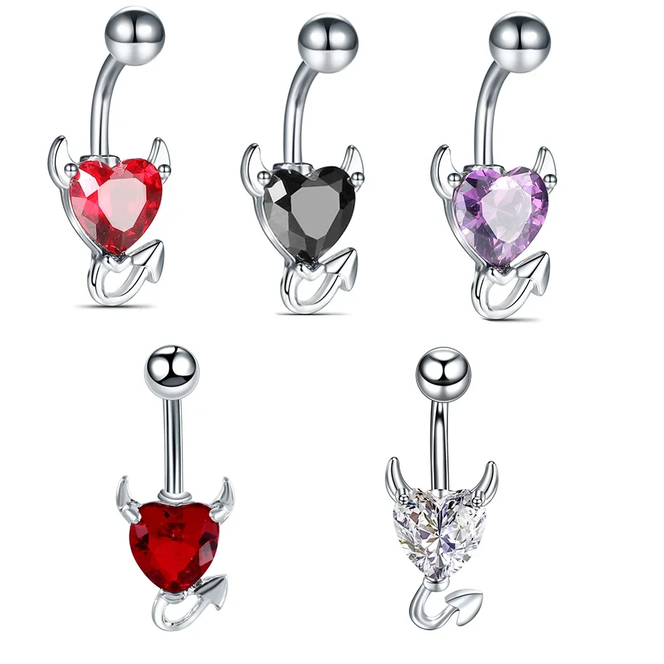 Stainless Steel Heart Belly Button Ring Women Sexy Purple Red Zircon Demon Devil Navel Piercing Dangle Earring Body Jewelry 1PC