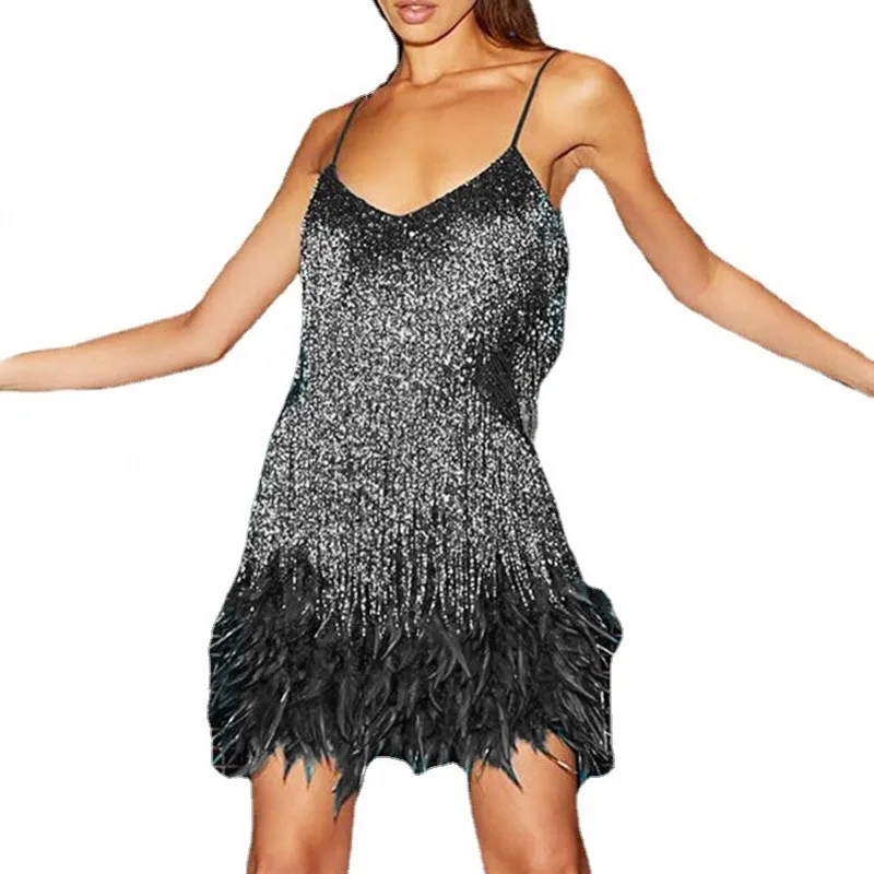 

2023 Summer Birthday Party Party Fashion Fringe Feather Stitching Sequins Elegant Dress Sexy V Neck Strap Mini Dress Vestidos XL