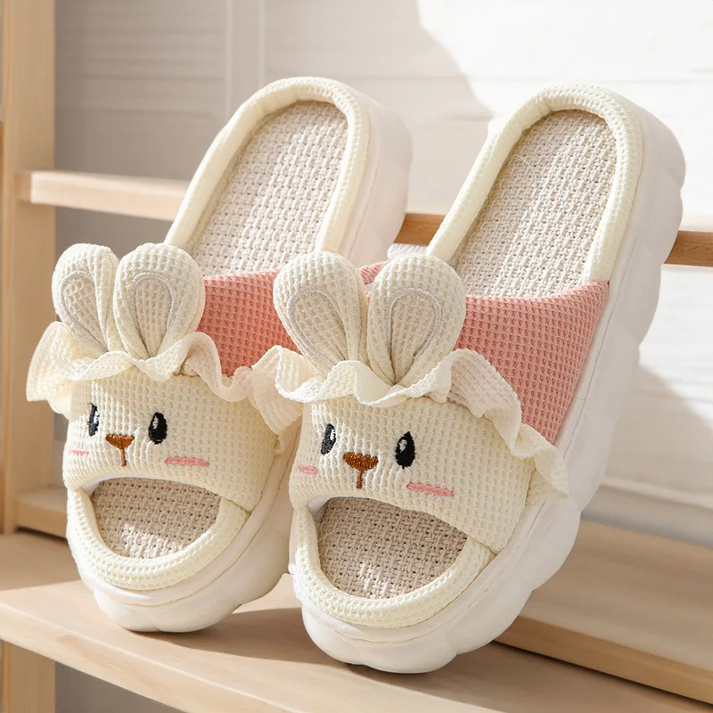 

Cute Rabbit Slippers For Womens Autumn Cartoon Flip Flops Lady Cotton Linen House Shoes Slides Four Season Casual Home Slippers