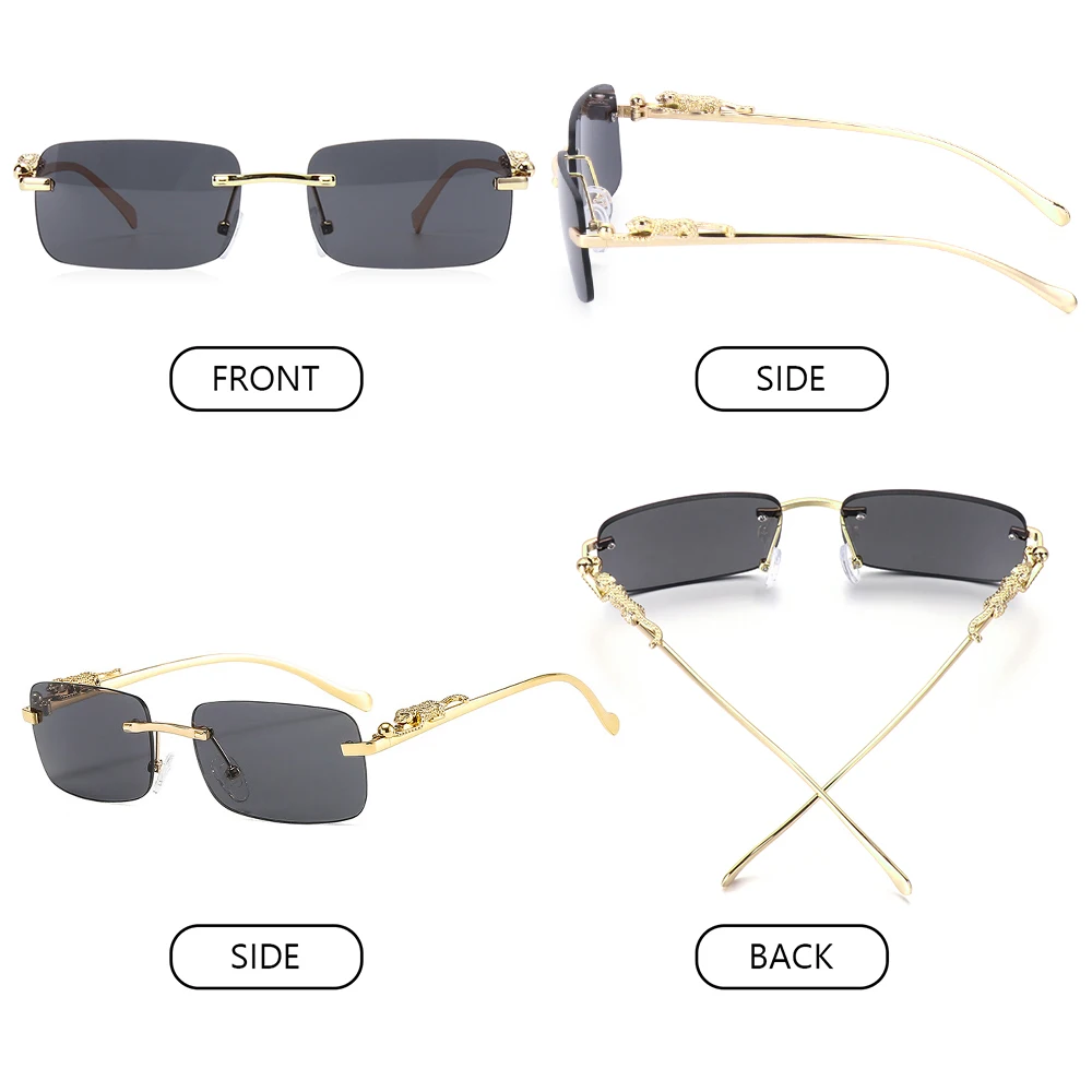 Retro Eyewear Clear Ocean Lens Sun Glasses Cheetah Decoration Rimless Rectangle Sunglasses Shades