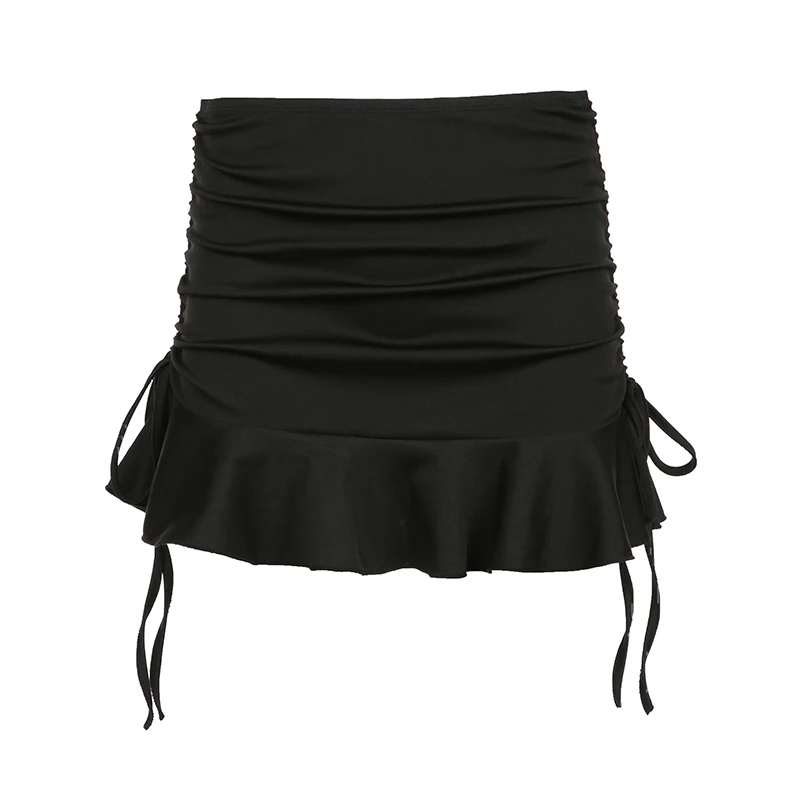 HEYounGIRL Low Waisted Ruffles Mini Skirt Black Skinny Drawstring Sexy Y2K Short Skirts Fashion Summer Casual Outfits Ladies 6