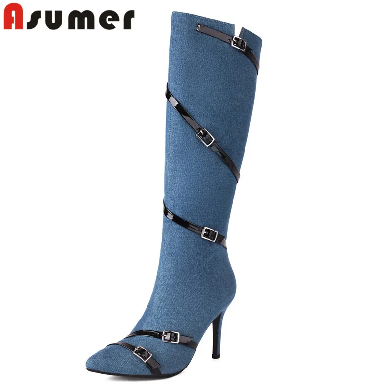 

ASUMER 2024 New Pointed Toe Denim Zipper Boots Sexy Ladies Buckle Knee High Boots Thin High Heels Winter Boots