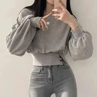 Autumn Women Solid O-Neck Slim Crop Top Lantern Sleeve With Button  Sweat Casual Hip-Hop Sporty Pullover Sweet Chic Street Wear - Image 3