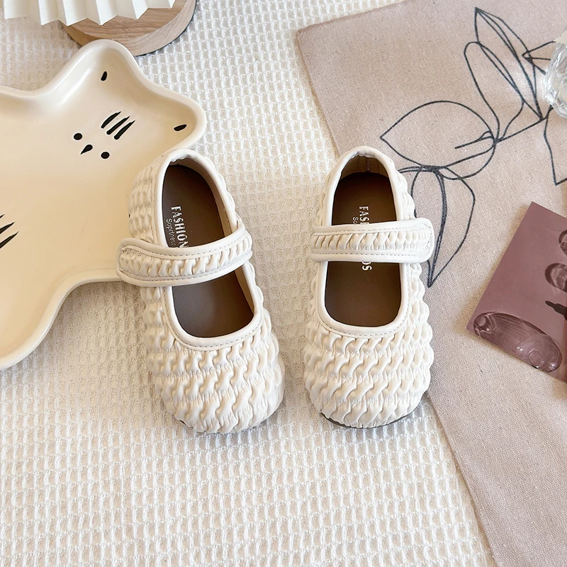 Girl's Princess Shoes Pleated Green Beige Soft Pu Leather Children Flat Shoe Daily Spring Morden Hook-loop Kids Mary Janes