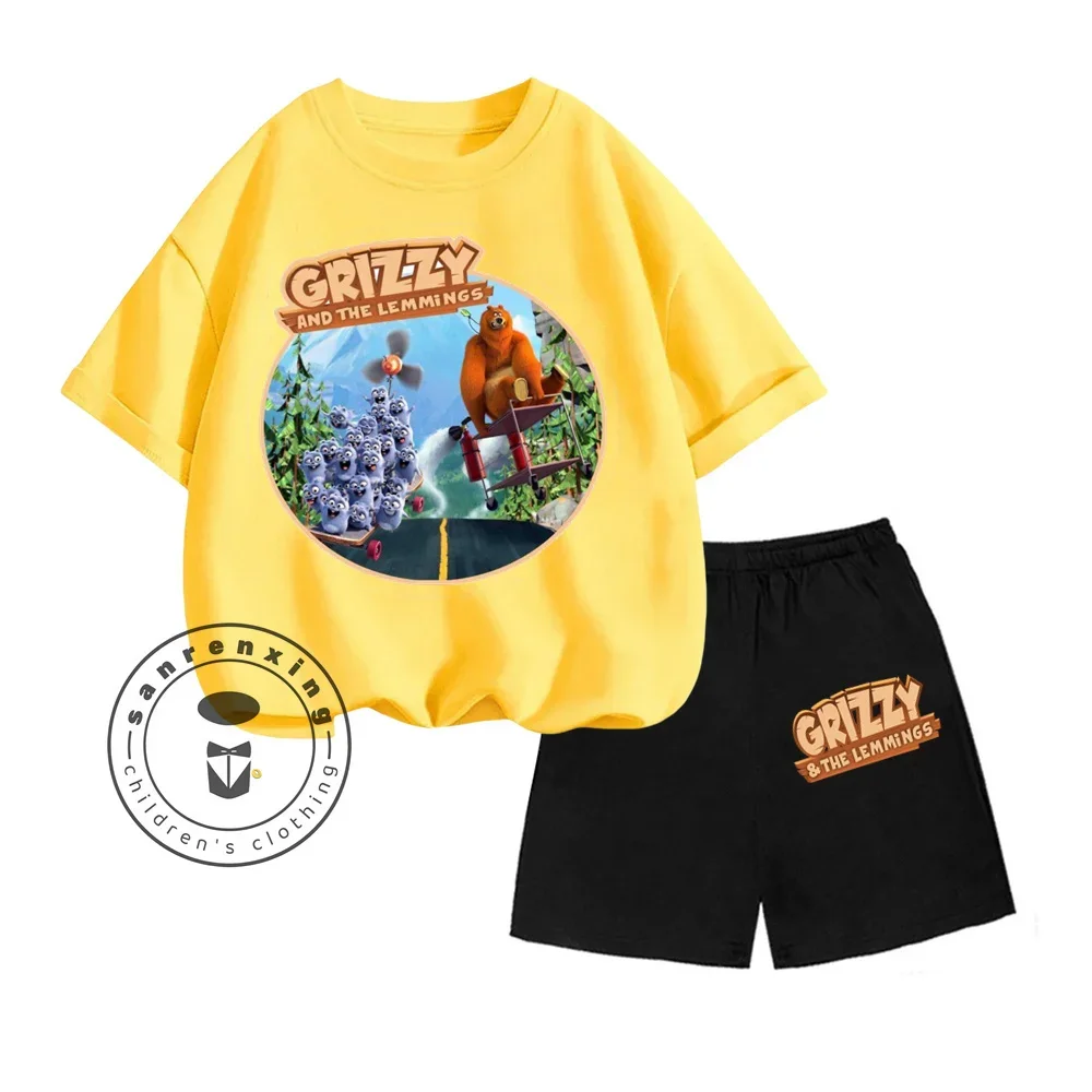 Unique Grizzy the Lemmings Animated Cartoon Print Design O-neck Short Sleeve and Hip Hop Shorts Summer Children Two-piece Set 6