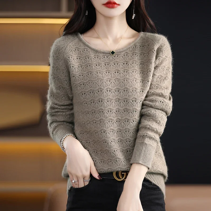

RONGNI Women 100% Mink Cashmere Sweater Hollow Out Pullover Autumn Winter Fashion Casual Knit Cashmere Sweater Bottoming Top