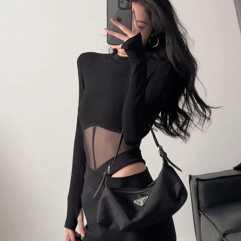 

Spring New Niche Design Mesh One Piece Top+two Piece Off Waist Casual Straight Pants Set