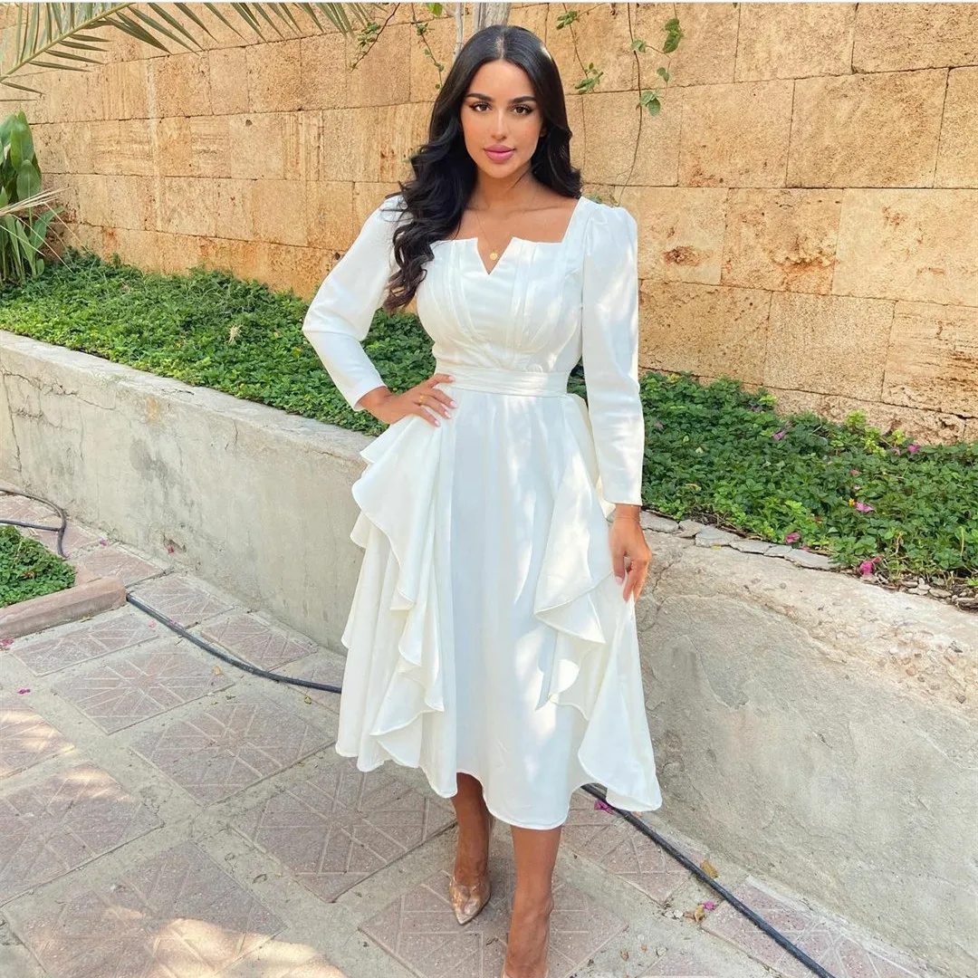 

Vintage Short Crepe V-Neck Evening Dresses With Ruffles Long Sleeve Tea Length Prom Dresses for Women for Women