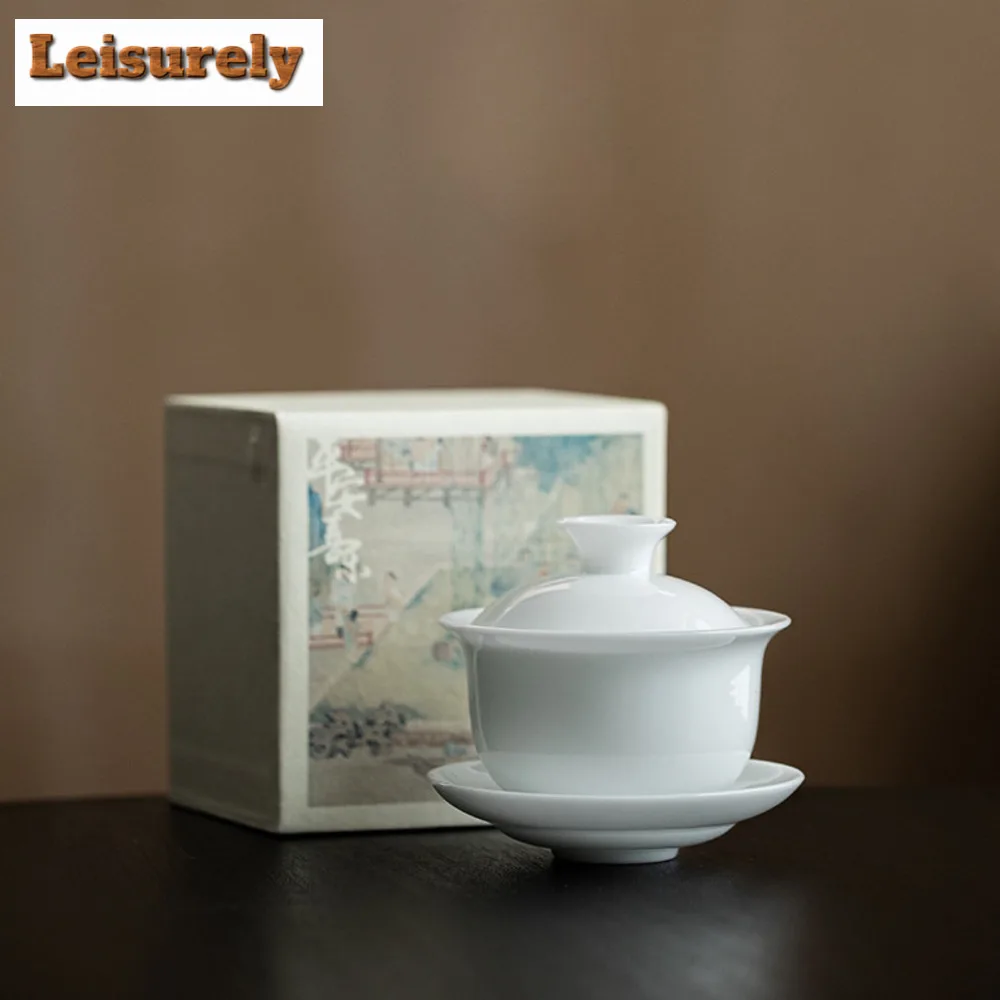 140ml Iced Jade Wihte Porcelain Gaiwan Luxury Brewing Tea Sancai Tea Tureen Household Making Cover Bowl for Ornaments