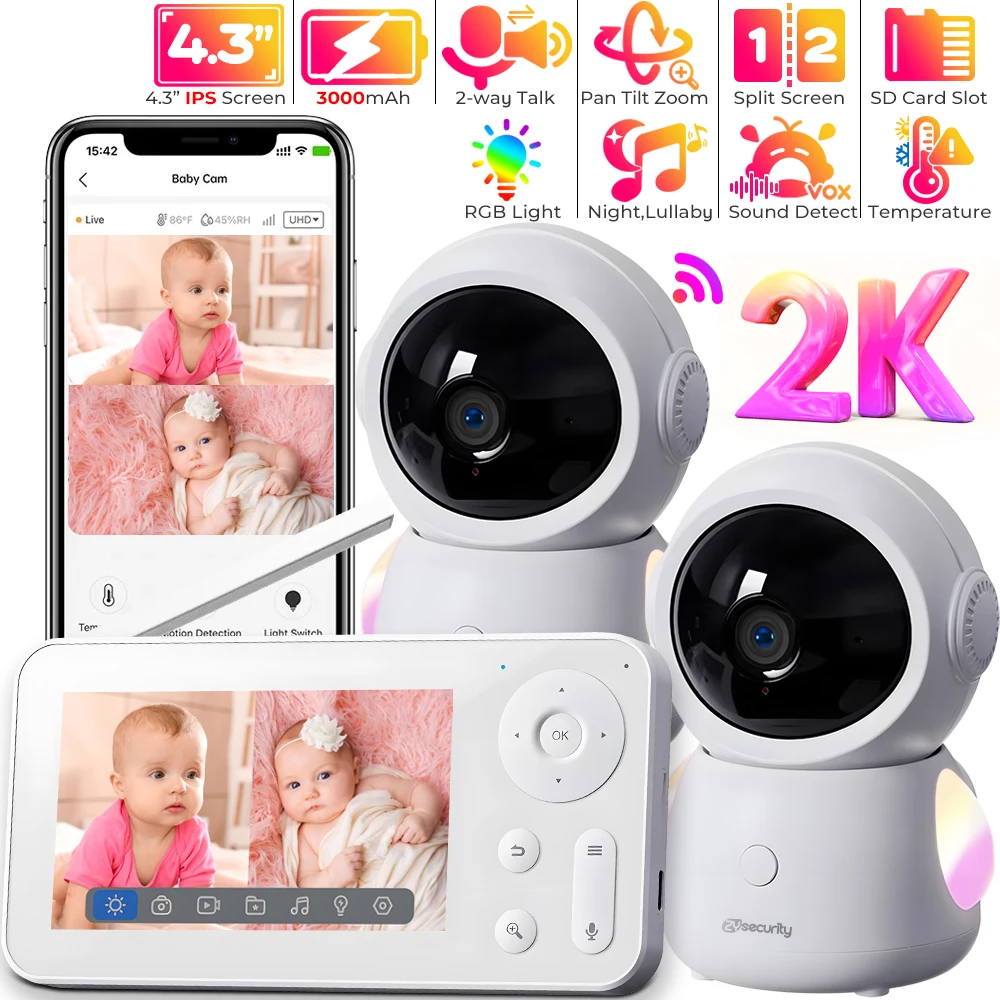2K 3MP WiFi Baby Monitor with Two Camera Split-Screen Baby Phone via APP Control & 4.3" IPS Screen Auto Tracking PTZ Camera wireless baby monitor video baby monitor