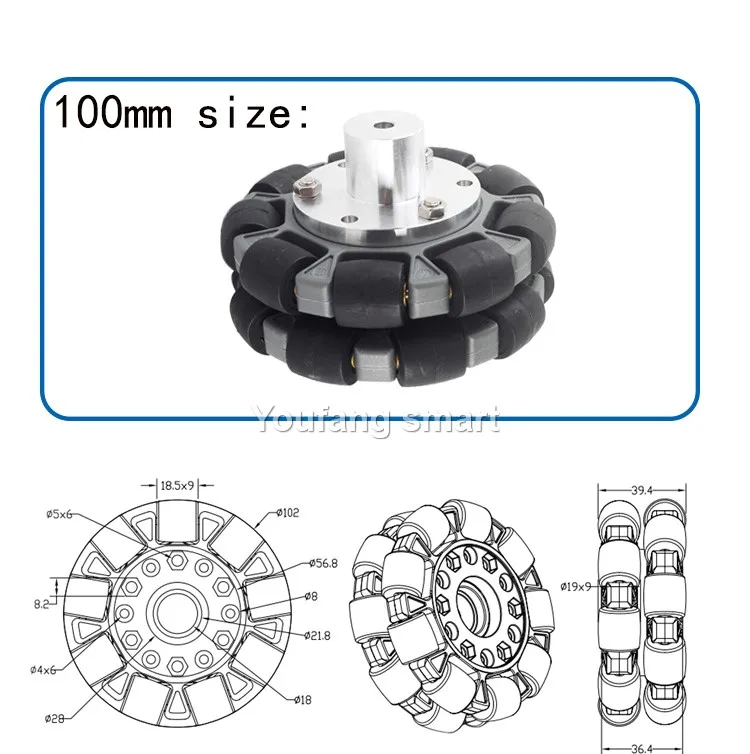 5/20kg Last 1/2/4 stücke Rad 58/100mm Nylon Omni Räder Gummi walze Omni Roboter für Roboter Auto Ros Plattform omni direktion ale Bewegung – Detail 10