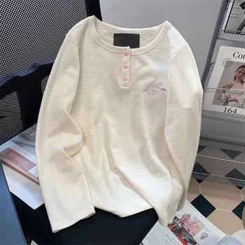 Women's Ribbed Long Sleeve T-Shirt Cotton Slim Fit Round Neck Top with 3 Buttons Y2K Sweet Cute Pink Tee Spring Casual Tops 1