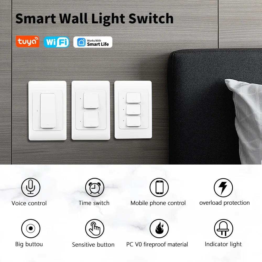 Tuya WiFi Push Smart Switch Button Wall Light Switches 1/2/3gang No Neutral Wire Required Switch Wireless Control Alexa Google
