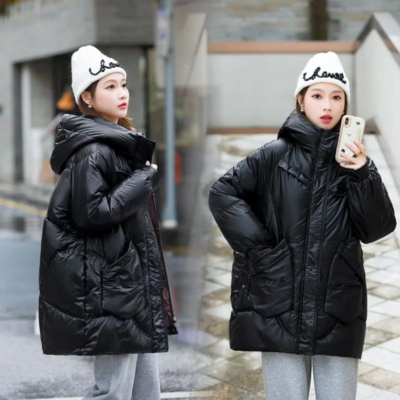 2023 New Women Down Cotton Coat Winter Jacket Female Mid Length Version Thick Parkas Hooded Outwear Loose Overcoat