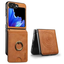 Detachable Leather Phone Case with Card Pocket and Ring Cover for Samsung Z Flip 7 (Brown)