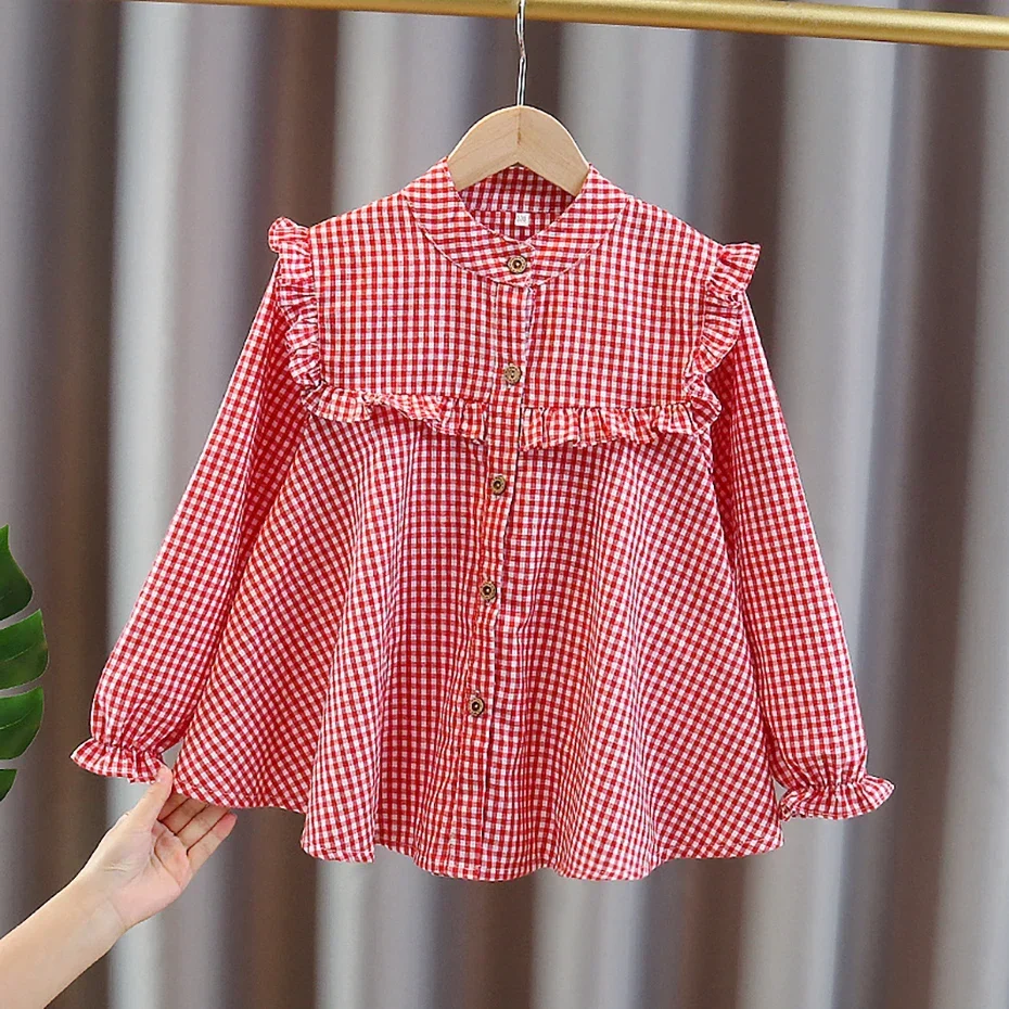 Girl's shirt Spring and Autumn children's long sleeved plaid shirt Youth casual bottom 3-12 years old blouse