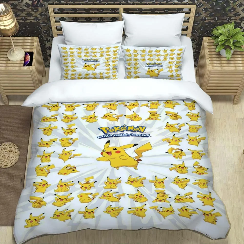 thumbnail image 1 of Funda de edredón con estampado de Pokémon de anime japonés y fundas de almohada, juego de cama con impresión digital 3D de microfibra, tamaño doble, tamaño Queen y King, 1 of 5