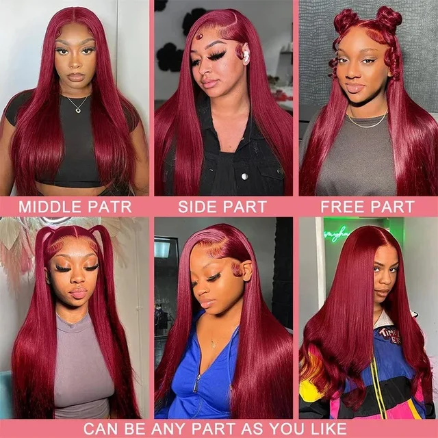 Straight Red 99J Burgundy Color Synthetic 13X4X1 HD Lace Frontal Wig Prepucked Baby Hair Bleach Knots Glueless Wig Daily Party 4