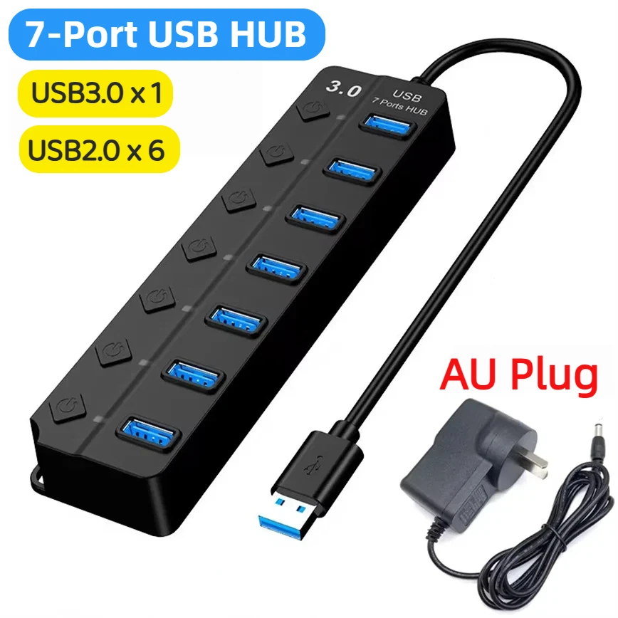 High-Speed 7-Port USB3.0 Hub with Individual Switches and LED Indicators