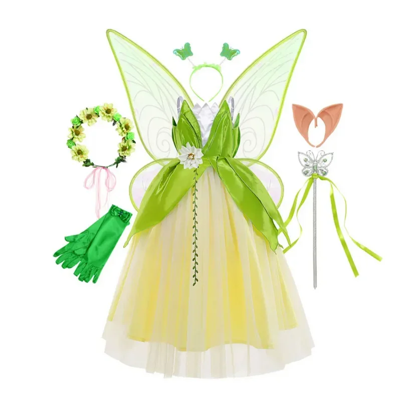 Halloween Cosplay Neonate Party Christmas Green Flower Fairy Wings Carnival Tinker Bell Dress Frog Tiana Princess Costume