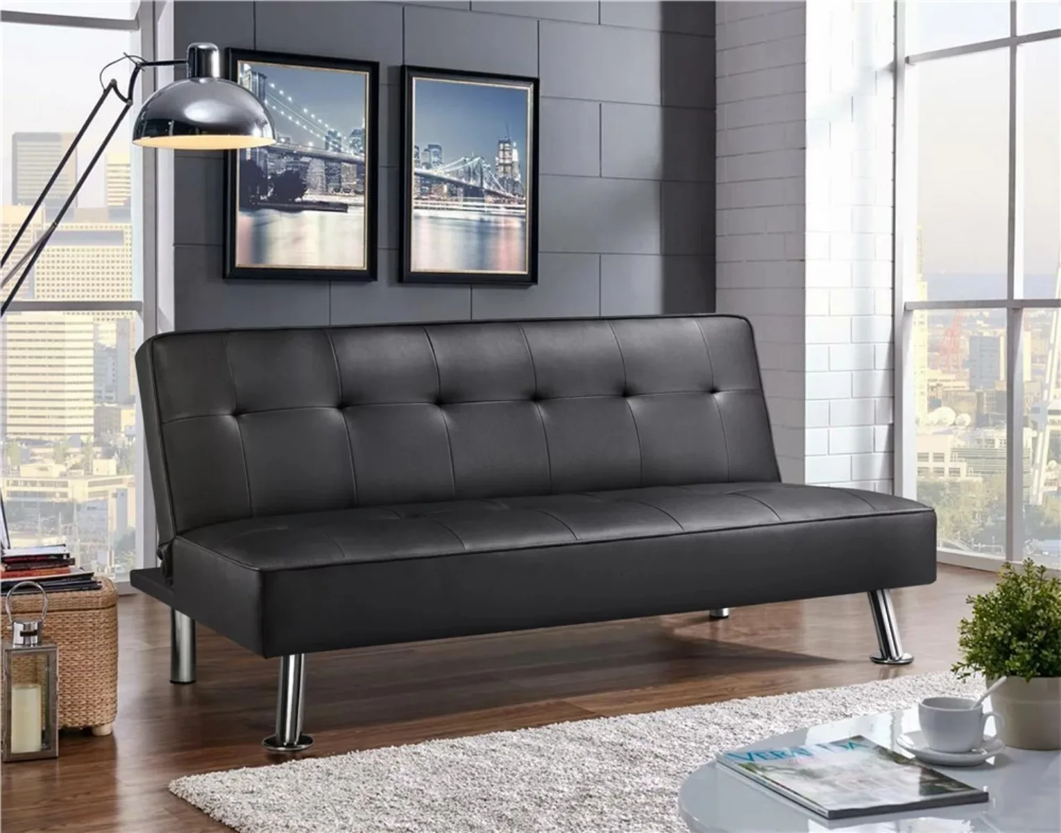 

Convertible Faux Leather Futon Sofa Bed, Black