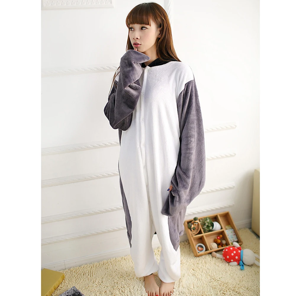 Adult Anime Kigurumi Onesie Funny Grey Penguin Costume Pajamas For Women Men Unisex Flannel Warm Soft Animal Onepieces Sleepwear