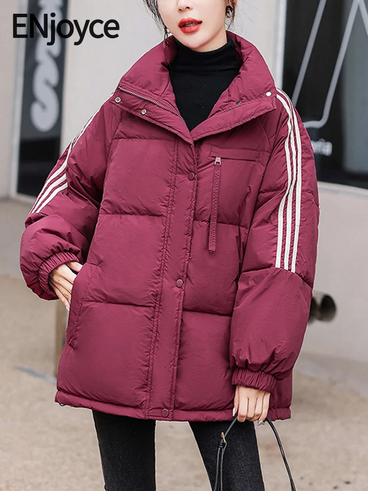 

ENjoyce Winter Women Vintage Striped White Duck Down Jacket Korean Fashion Standing Collar Coat Loose Warm Overcoat Streetwear