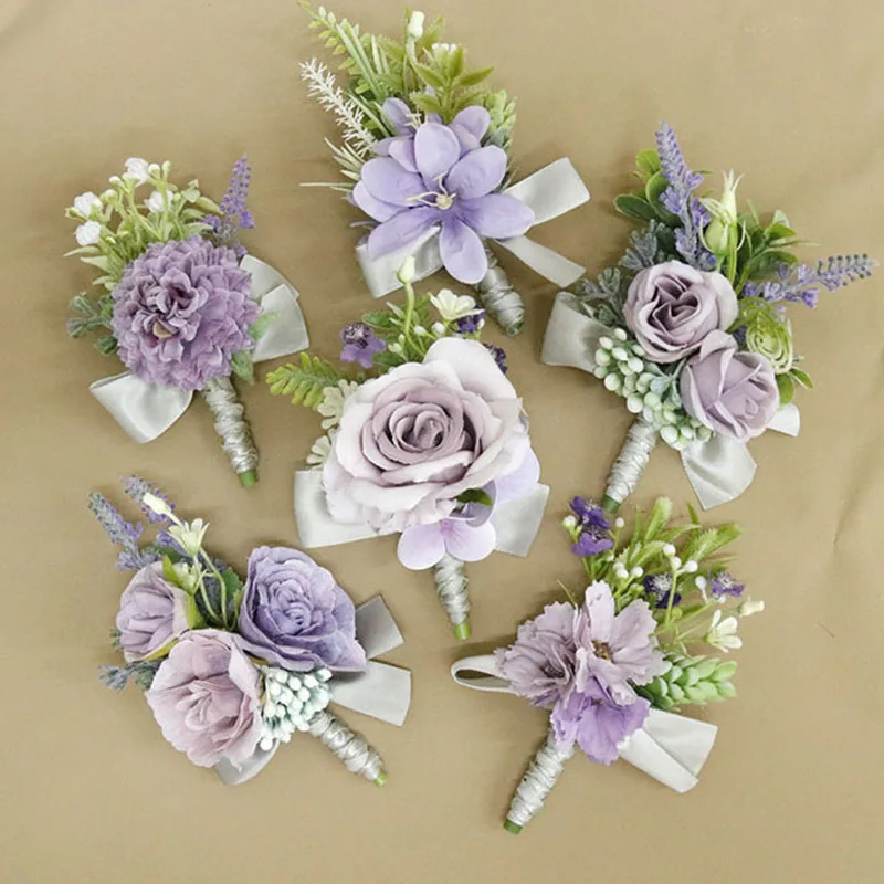

Handmade Purple Wrist Corsage Bridesmaid Hand Flower Artificial Rose Bracelet Groom Boutonnieres Lilac Brooches Pins Wedding