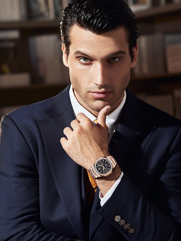 SAPPHERO Rose Gold Watches for Men Diamond Wristwatch