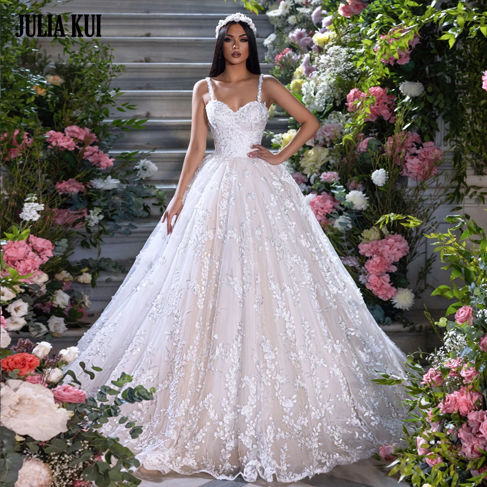 

Julia Kui Floral Prints Sweetheart A Line Wedding Dress Beading Pearls Appliques Lace With Spaghetti Straps Bridal Gowns