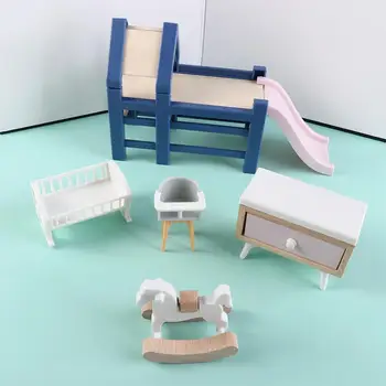 1:12 casa delle bambole accessori per mobili per camera da letto per bambini scivolo/cavallo di troia/tavolo/sedia da pranzo/letto per bambini finta di giocare giocattolo