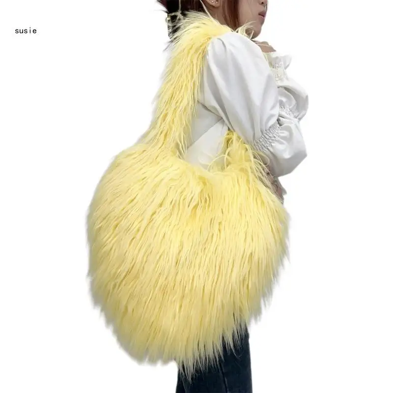 

X7YA Women Faux Furs Shoulder Bag Long Furs Straps Furry Handbag Bags