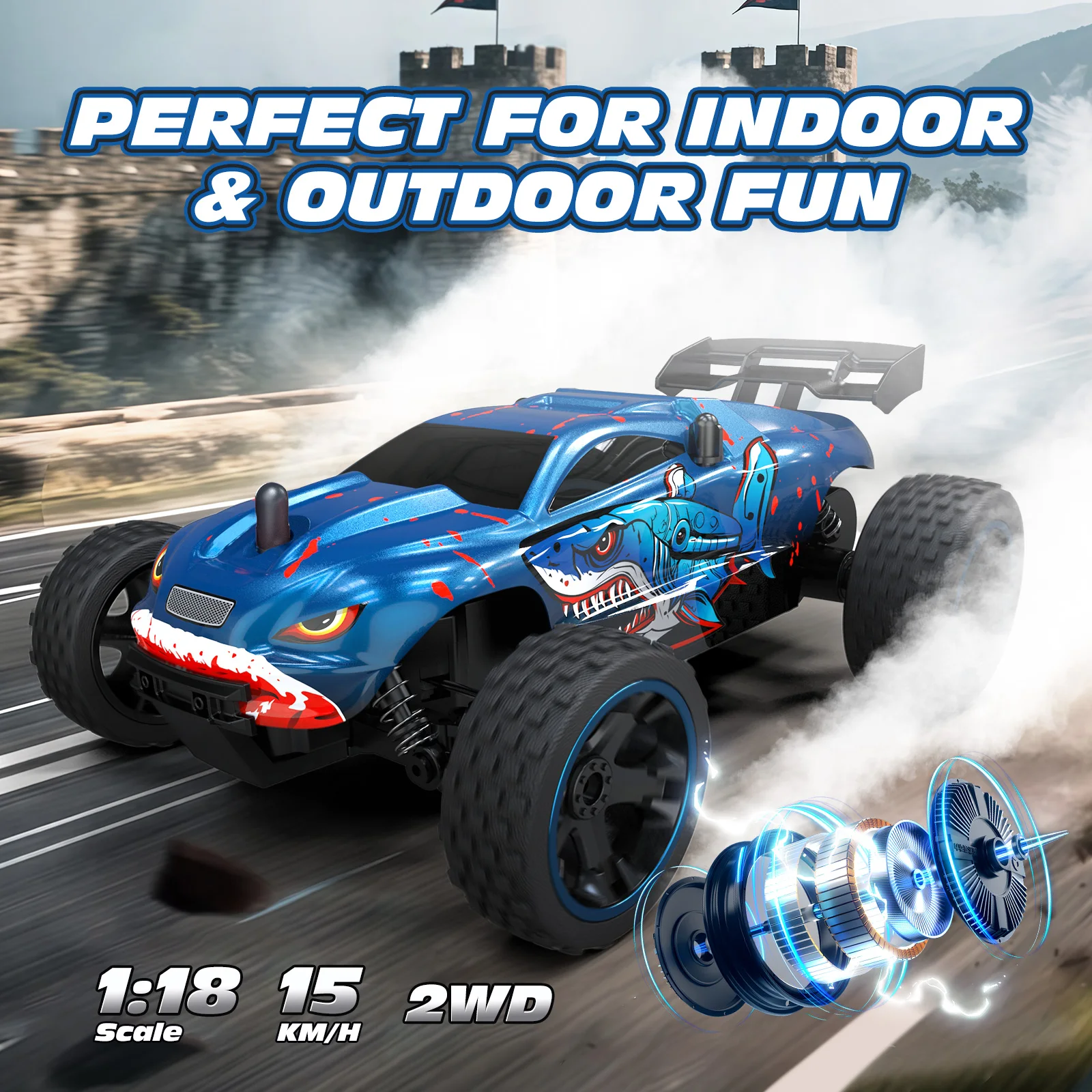 Dessous du buggy 1:18 montrant moteur et suspension pour tout-terrain