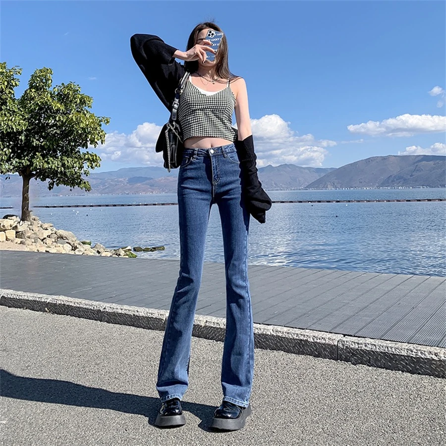 New Korean Fashion High Waisted Jeans Woman Casual Streetwear Lim-Fit Denim  Trousers Female Girls Vintage Bell-bottoms 2 - AliExpress