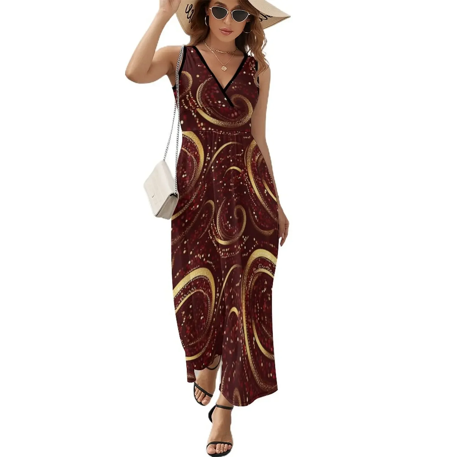 thumbnail image 1 of Vestido sin mangas con estampado de brillo granate y dorado, vestidos cortos, atrevido vestido de verano, falda, vestido de noche para mujer., 1 of 7