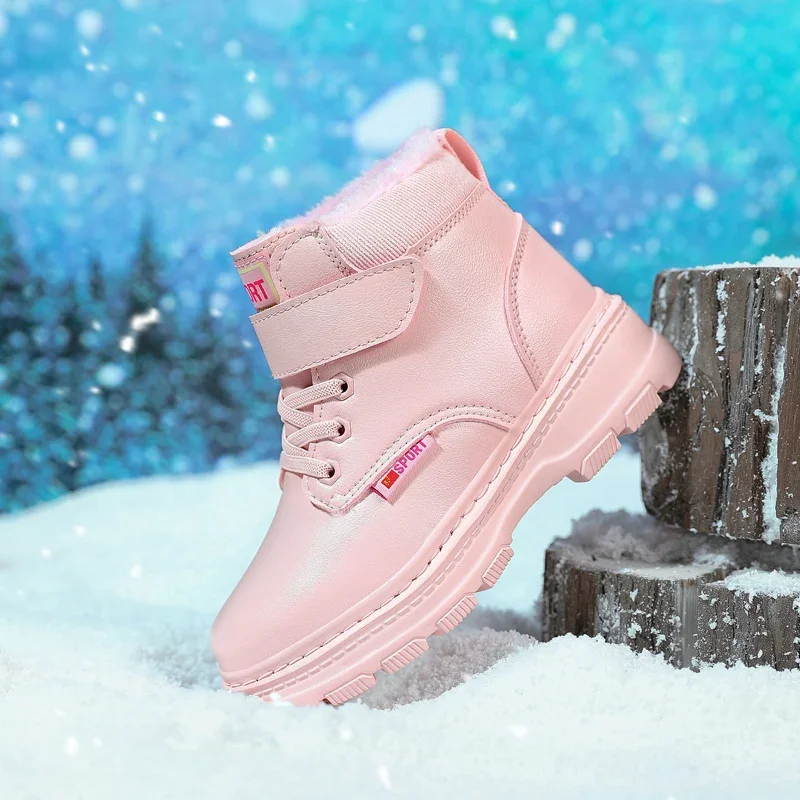

Casual Leather Children's Winter Boots Plus Velvet Thickening Outdoor Cotton Snow Boot Non-slip Comfortable Popular Kids Shoe