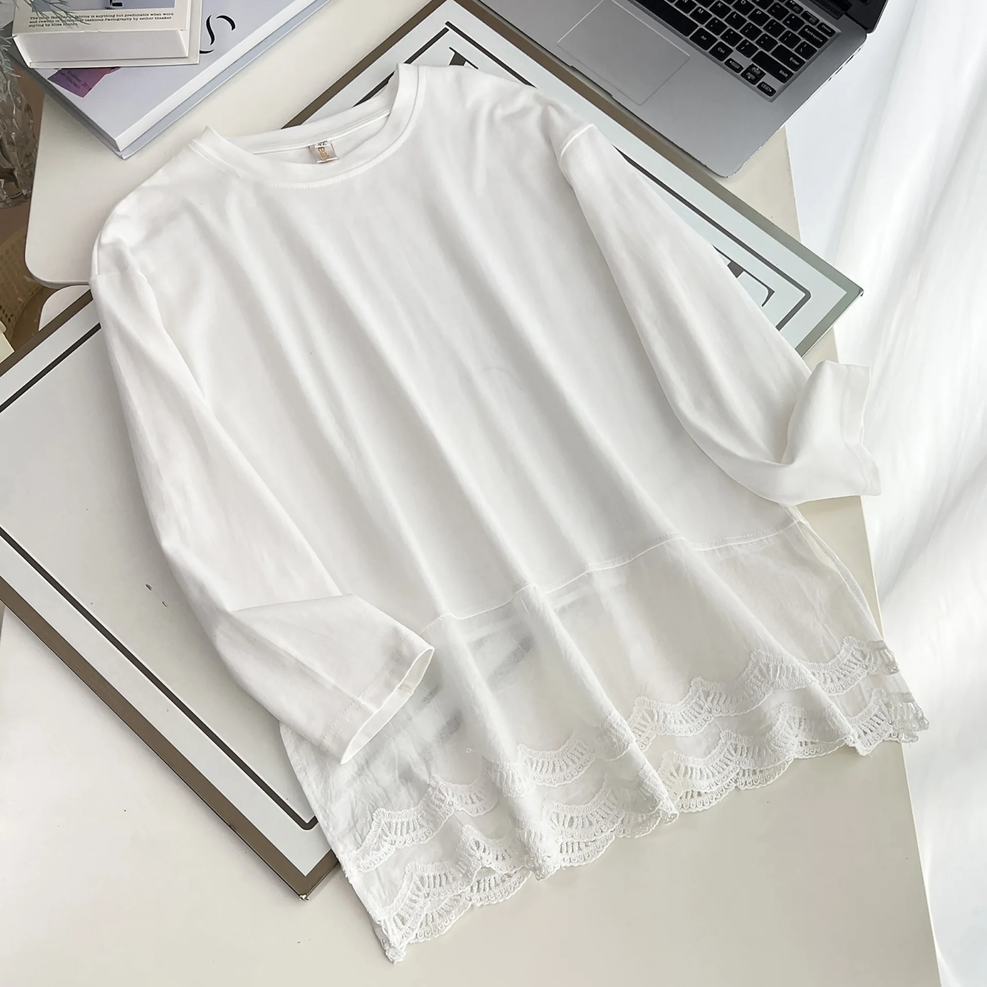 XXXXL Fashion Plus Size Women's T-Shirt Autumn New Lace Patchwork Long Sleeved Stylish Cotton Base Top 669