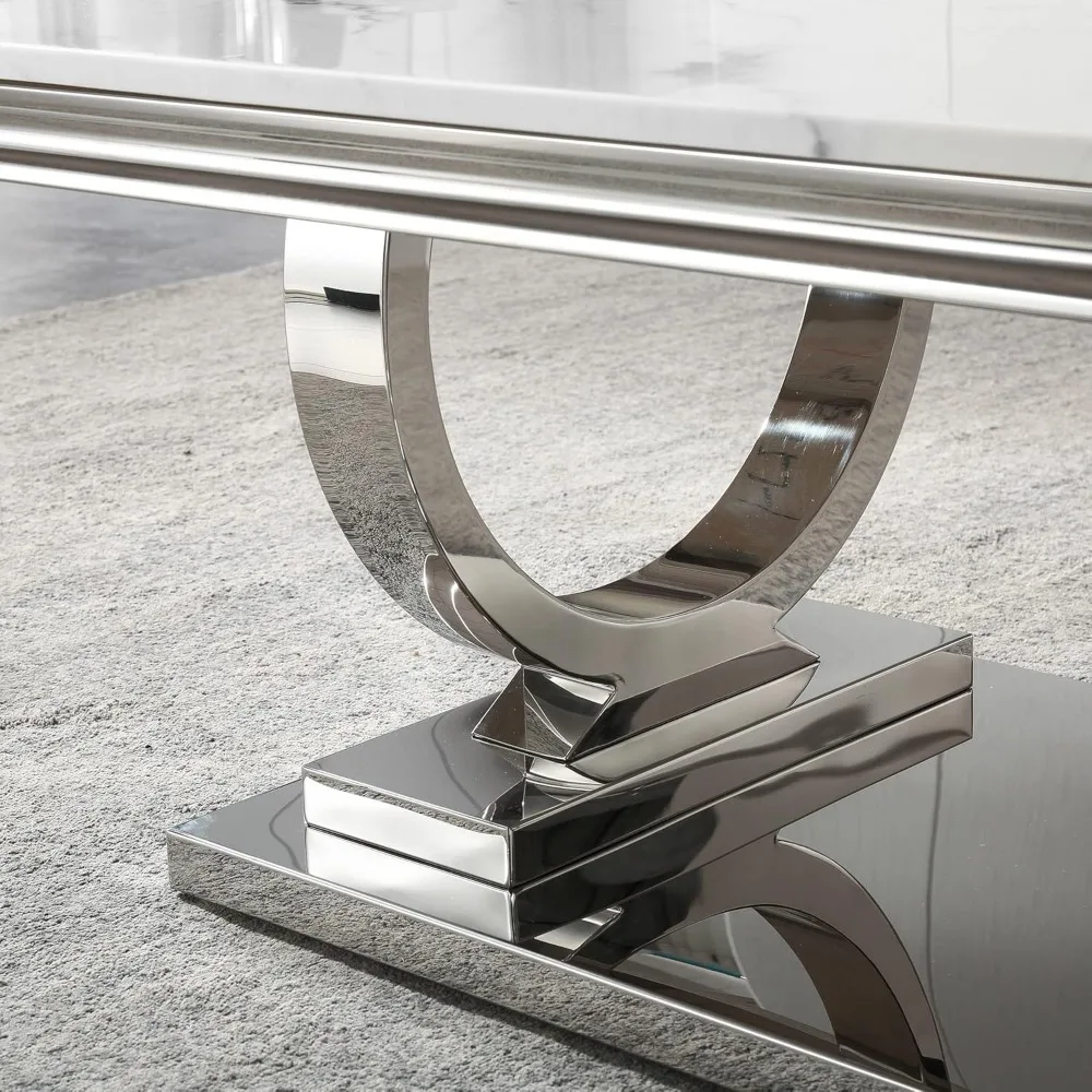 Modern Marble Coffee Table,Rectangular White and Silver with U-Shape Stainless Steel Base with Silver Mirrored Finish LivingRoom 5