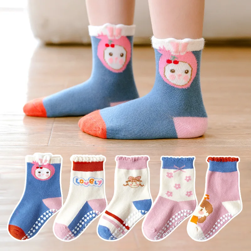 5 pairs children's socks Non-slip floor socks for kids Cute printed mid-tube socks Cotton socks for children aged 1-12 years