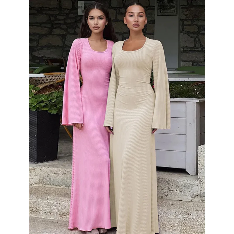 

Neck Lace-Up Ribbed Maxi Dress Female Long Sleeve Fashion Slim Loose Bandage Dress Autumn 2023 Solid Women Dress New