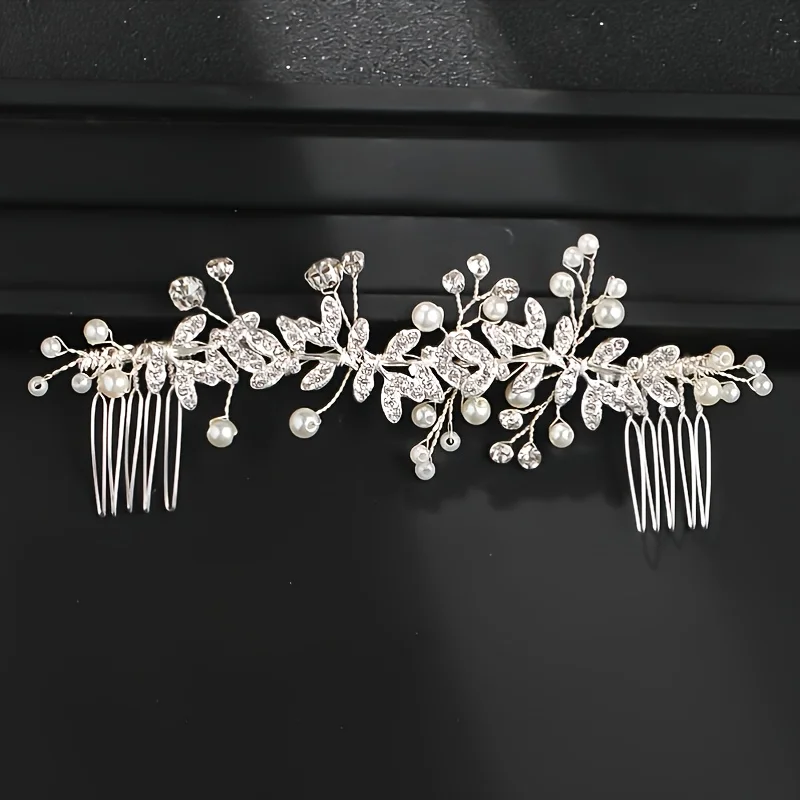 Crystal Pearl Hair Comb Clip Pin Rhinestone Leaf Hair Comb Headband Tiara For Women Bride Wedding Hair Accessories Jewelry Comb