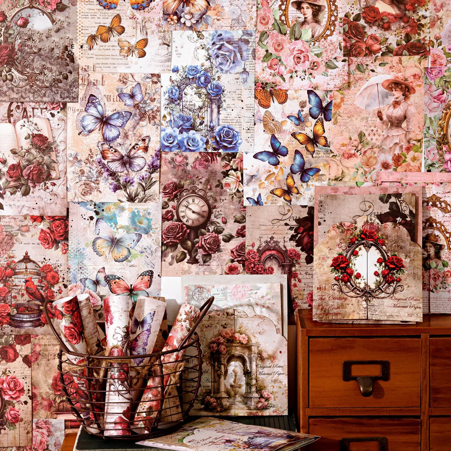 

30 Sheets Retro Memory Series Vintage Butterfly Flower Material Paper Creative DIY Junk Journal Collage Decor Stationery