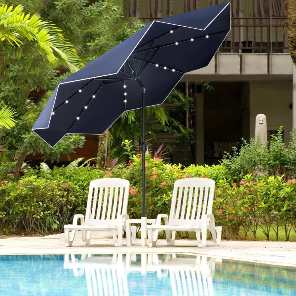 9 Ft Patio Umbrella with LED Solar Lights Navy Blue - AliExpress