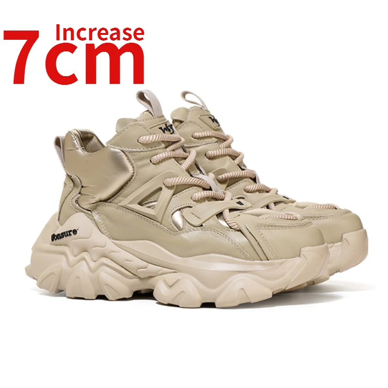 

Genuine Leather High Top Dad's Shoes for Women Height Increase 7cm Spring Elevator Sneakers Thick Sole Casual Sports Shoe Female