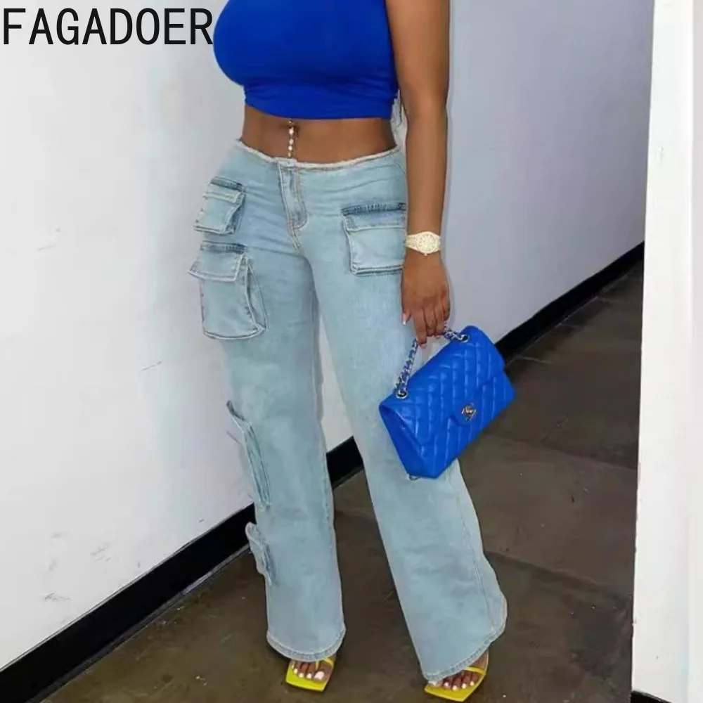 

FAGADOER Blue Fashion Denim Pocket Straight Cargo Pants Women High Waist Button Jean Trousers Casual Female Cowboy Bottoms 2024