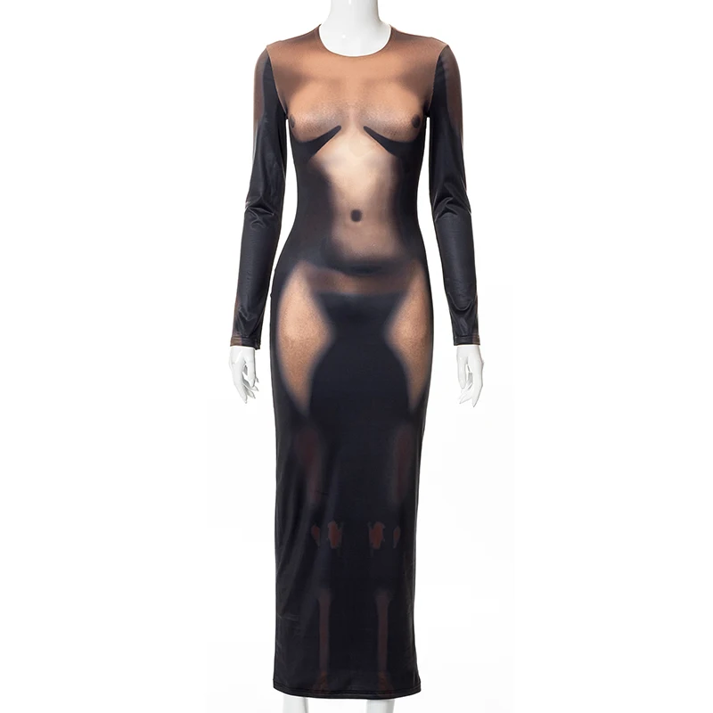 Y2K 3D Body Print Maxi Dress Women Long Sleeve Unique Sexy Body-Shaping Attirewear Robe Party