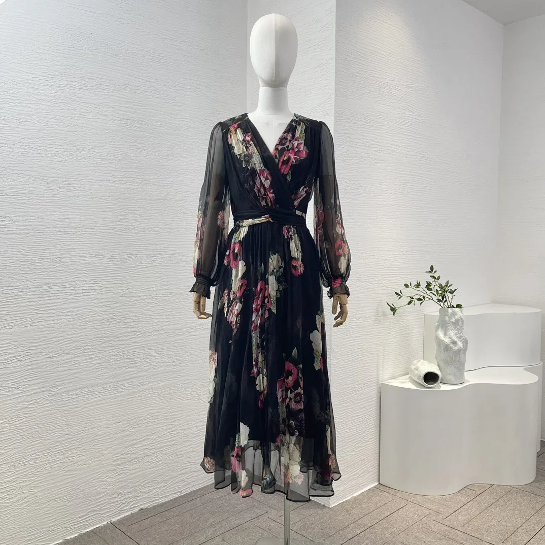 

High Quality Silk 2024 Spring New Black Flowers Print Long Sleeve V Neck Stretchable At Waist Women Midi Dress